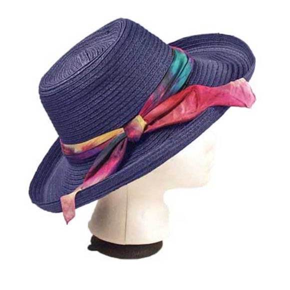 WIDE BRIM HAT, NAVY, SIZE MEDIUM, MULTICOLOUR SILK HAT BAND, GLORIA VANDERBILT, - Picture 5 of 5